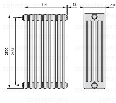 Схема (чертеж) Радиатор Zehnder Charleston 6250/9 №1270 Белый глянцевый RAL 9016